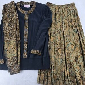 Partridge in a Pear Tree‎ Skirt Set Womens M/L 3pc Skirt Black Gold Paisley Knit